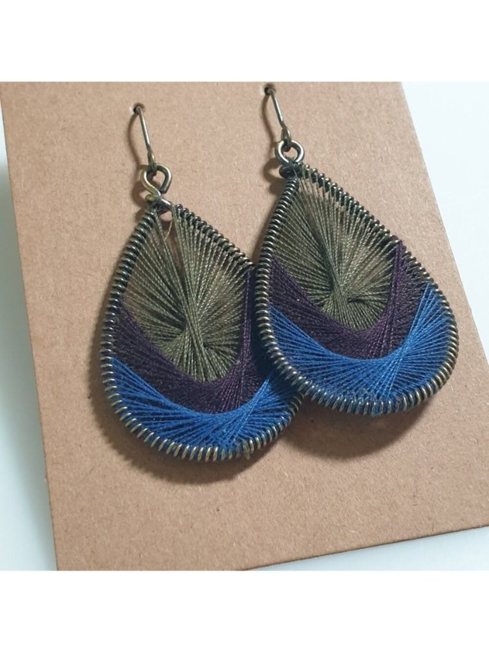 Teardrop Thread Wrapped Earrings Blue Green Purple Hook Closure Jewelry Gift - Picture 2 of 4
